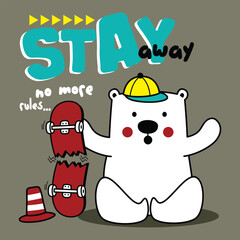 Cute cartoon polar bear sitting with broken skateboard, traffic cone, and playful STAY away text. Fun rebellious kids concept

