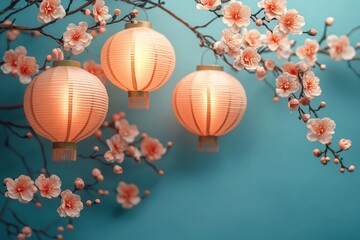 Softly glowing paper lanterns among blooming flowers create a tranquil spring atmosphere, perfect for designs related to celebrations like the Lantern Festival or Easter.