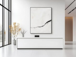 Minimalist reception with a long white desk, large modern art piece, and soft lighting, minimal art reception, elegant, artistic
