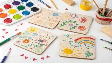 Colorful drawings of sun, rainbow, flowers, and hearts decorating wooden tiles, surrounded by watercolor paints, brushes, and creative tools, inspiring artistic expression and playful learning