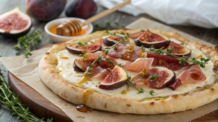A rusticstyle pizza displays a handtossed crust that sports a rough artisanal texture. The surface is adorned with slices of ripe figs prosciutto and a generous amount of melted