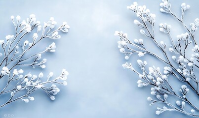 Frost covered tree branches glisten against bright blue sky, creating serene winter scene. delicate frost adds magical touch to landscape, evoking sense of tranquility and beauty