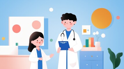 Doctor Explaining Health Plans to Patient in a Bright, Modern Medical Office Setting with Soft Color Palette and Friendly Illustrations