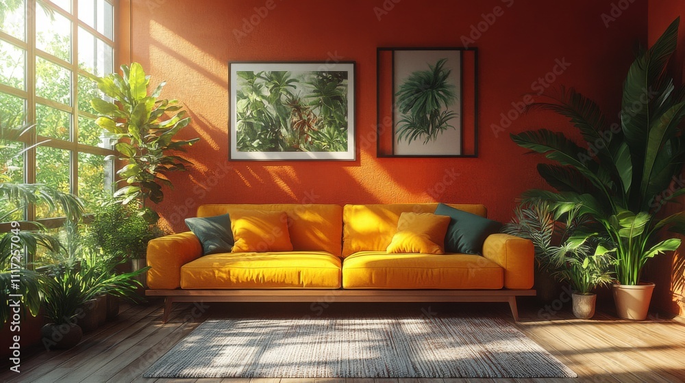 Aufkleber a vibrant living room features a yellow couch adorned with cushions and surrounded by indoor plants.