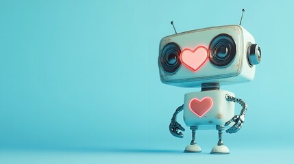 Fototapeta premium A cute, white robot holding a red heart on a blue background.
