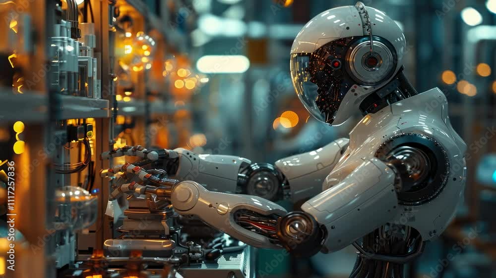 Poster futuristic robot interacting with advanced machinery in factory