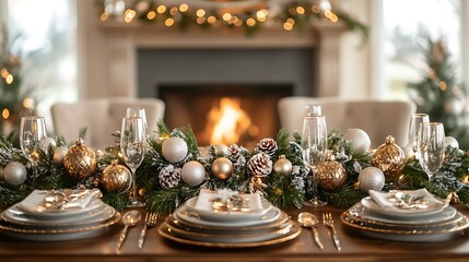 Naklejka premium Festive dining table & cozy living room for holiday celebrations