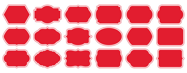 Red stickers, decorative frames. Set of graphic antique frames, collection of retro labels, royal wedding, sticker for sale or an invitation card. Isolated vector symbols. Simple line label set sale
