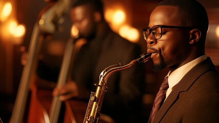 Jazz Musicians Creating Rhythm Perfection in a Dimly Lit Club, Capturing the Essence of Live Music.