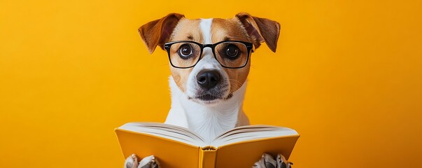 Dog reading a book studio setting funny animal photography