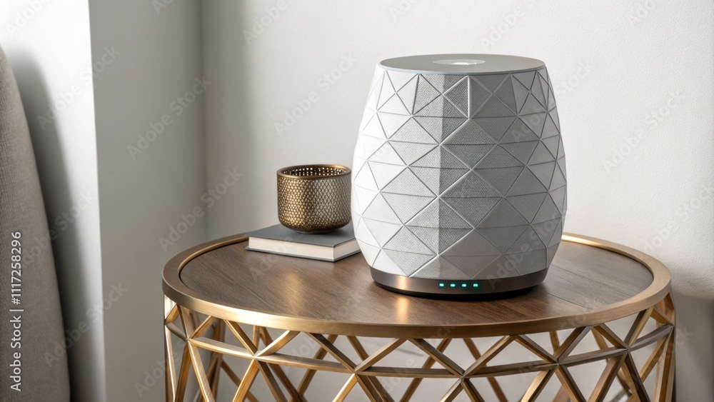 Poster modern smart speaker with a geometric design sits on a stylish side table, illuminated charging indi