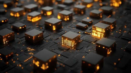 Abstract circuit board with glowing cubes.