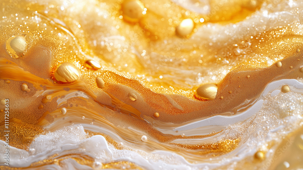 Poster golden abstract texture with fluid patterns and shimmering bubbles
