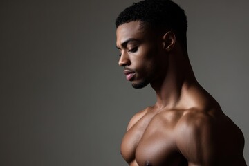 Fototapeta premium A focused young man gazes ahead. His strong physique is highlighted by soft light. This image captures strength and tranquility. Ideal for fitness and wellness themes. Generative AI