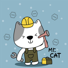 Cute cartoon cat wearing construction helmet holding wrench and hammer with playful text Mr. CAT. Fun kids handyman concept
