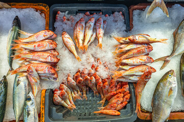 Fish stalls at the street market in the medina of Sousse, Tunisia.