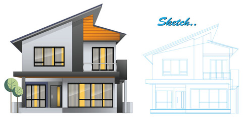 Template of Modern Minimalist House Design with Blueprint Sketch