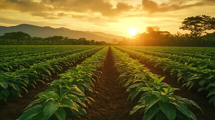 Sunset farming action in tobacco fields nature landscape view