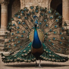 A peacock standing in front of an ancient palace.

