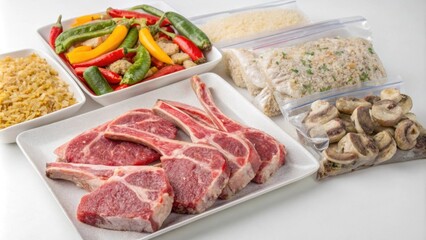 A variety of frozen lamb chops each glistening with frost are arranged together showcasing their thick meaty s. Beside them there is an assortment of savory precooked grain mixes