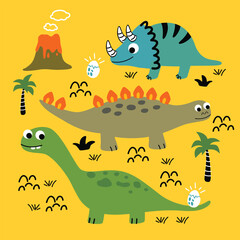 Cute cartoon dinosaurs in a prehistoric landscape with volcano, eggs, and palm trees on yellow background. Children’s dinosaur adventure and nature theme concept
