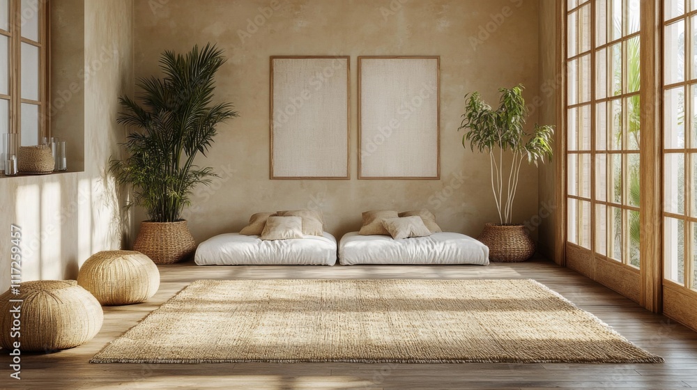 Aufkleber a spacious living room features two low seating areas with soft cushions and decorative plants, illu