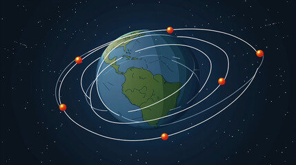 Fototapeta premium Earth axis diagram illustration showing the tilt of the Earth's rotational axis relative to its orbital plane, explaining the cause of seasonal changes and the distribution of sunlight.
