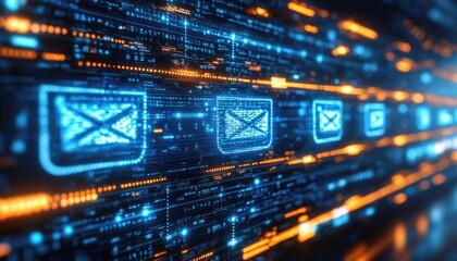 Obraz premium Digital abstract background with email icons. Perfect for illustrating technology, communication, or data transfer concepts.