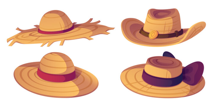 Farmer straw hat. Country summer cap cartoon icon for woman. Traditional agriculture accessory for costume. Vintage fashion element for sun protection on beach. Rural female clothing for vacation