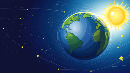 Naklejka premium Earth axis diagram illustration showing the tilt of the Earth's rotational axis relative to its orbital plane, explaining the cause of seasonal changes and the distribution of sunlight.