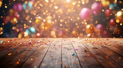 A smooth, light wooden table glowing under golden light, set against a blurry backdrop of vibrant party confetti and cheerful balloons, creating a lively and festive atmosphere, hd resolution,