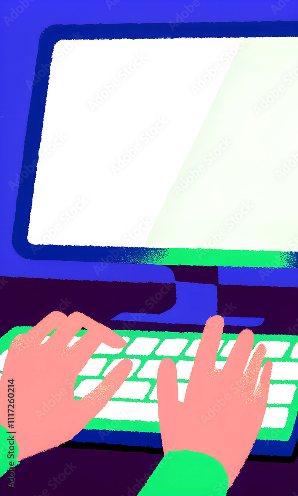 Poster hands typing on keyboard with computer monitor in vibrant digital artwork