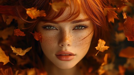 Fototapeta premium Autumn portrait of a woman amidst colorful leaves forest close-up