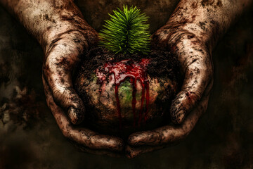 Dirty hands gently holding a small bloody plant.