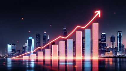 Digital chart with real estate returns growing alongside skyscrapers, symbolizing market expansion, urban development, and profitable property investment. Ideal for business, finance, and real estate