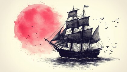 A sailing ship with a watercolor background. Perfect for representing freedom, adventure, and exploration.