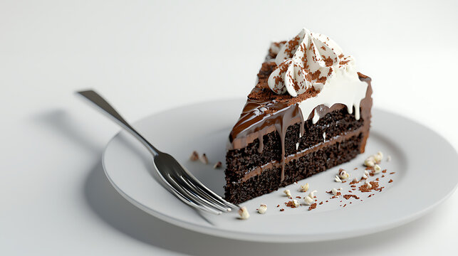A slice of chocolate cake with whipped cream on top sits on a white plate