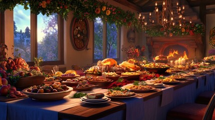 Fototapeta premium Abundant Thanksgiving feast on long table in rustic dining room with fireplace.