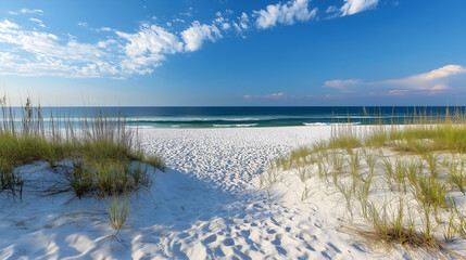 A beautiful sandy beach on the ocean coast, the sand dunes are overgrown with green bushes. 