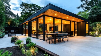 Obraz premium Modern container dining room exterior with large glass doors, surrounded by lush garden, stylish and inviting