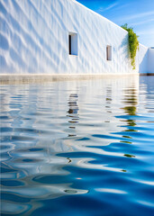 Reflection on Calm Water with White Wall and Tile Roof, Mediterranean world.