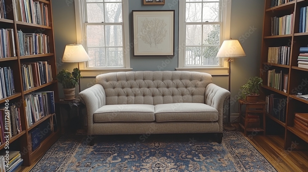 Aufkleber the inviting living area showcases a plush tufted sofa positioned between large windows, surrounded 