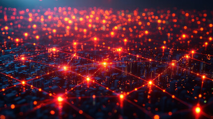 Obraz premium glowing network of interconnected nodes with red warning lights