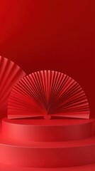Elegant Red Fan-Shaped Decor Displayed on Minimalist Circular Stage with Soft Lighting
