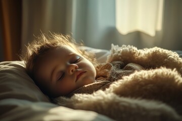 A serene sleeping baby cuddled in a soft blanket. The warm lighting creates a peaceful atmosphere. This adorable moment captures the beauty of childhood. Generative AI.