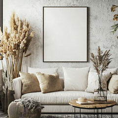 A stylish living room interior featuring a blank rectangular frame on a textured wall, beige sofa, cushions, and decorative pampas grass and plants in neutral tones.
