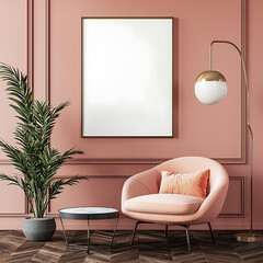 A stylish living room interior featuring a blank rectangular frame on a textured wall, beige sofa, cushions, and decorative pampas grass and plants in neutral tones.
