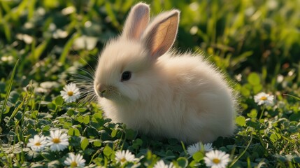 Fototapeta premium Adorable baby rabbit nestled amongst flowers in a grassy meadow.