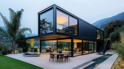 Naklejka premium Sleek container dining room exterior with black steel panels, spacious patio, and sunset over the mountains