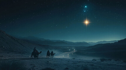 Christmas Jesus birth concept - Adoration of the Magi, Three Wise Men, Three Kings, and the Three biblical Magi with camel silhouettes journeying in sand dunes of desert follow Bethlehem star at night